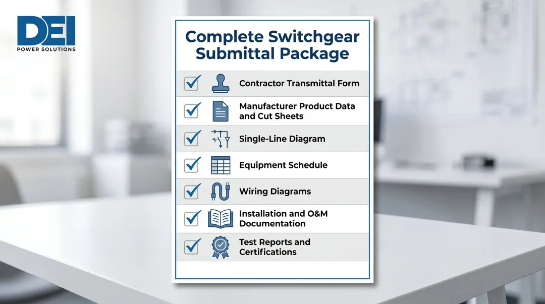 Complete switchgear submittal package seven required documents checklist infographic