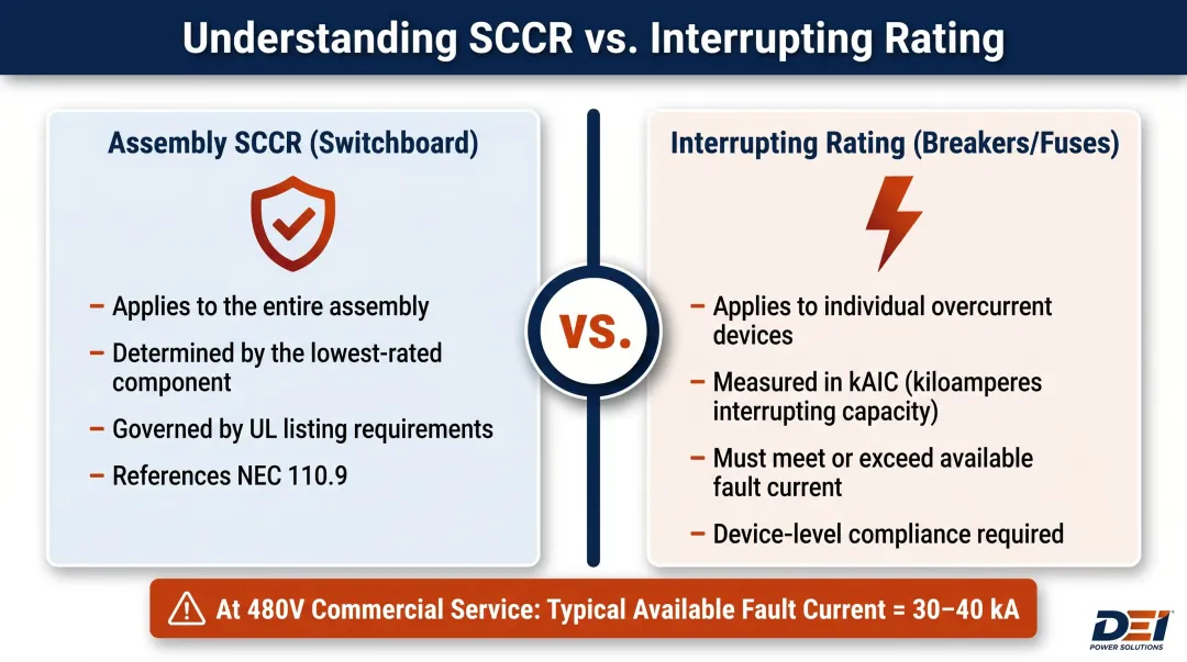 SCCR versus interrupting rating distinction for switchboards and overcurrent devices comparison