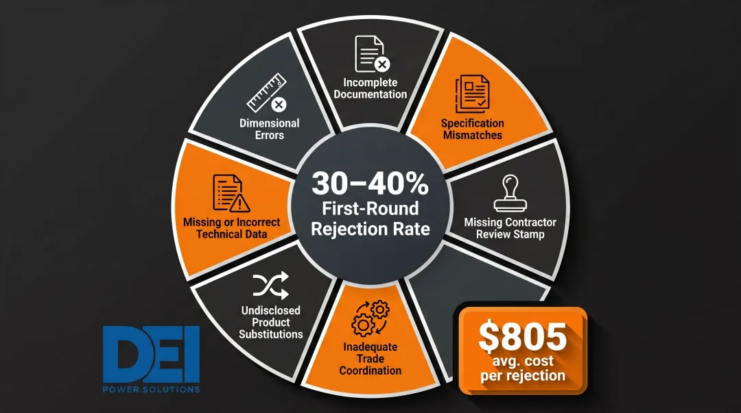 Seven root causes of switchgear submittal rejection on first submission infographic