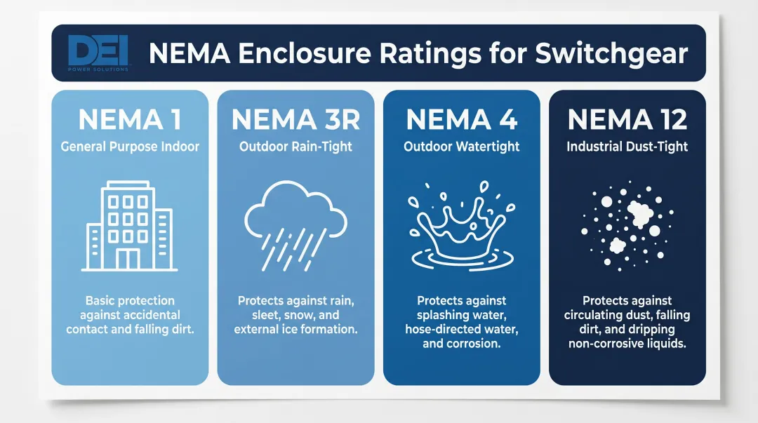 NEMA enclosure rating types 1 3R 4 and 12 environment comparison infographic