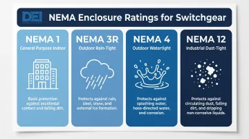 NEMA enclosure rating types 1 3R 4 and 12 environment comparison infographic