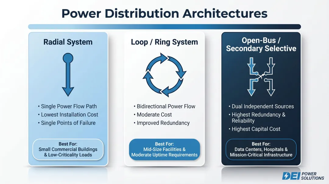 Three industrial power distribution system types radial loop and open-bus comparison infographic