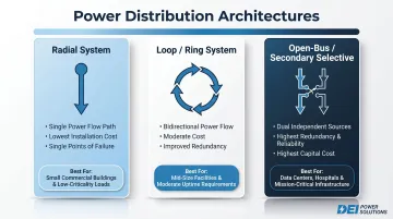 Three industrial power distribution system types radial loop and open-bus comparison infographic