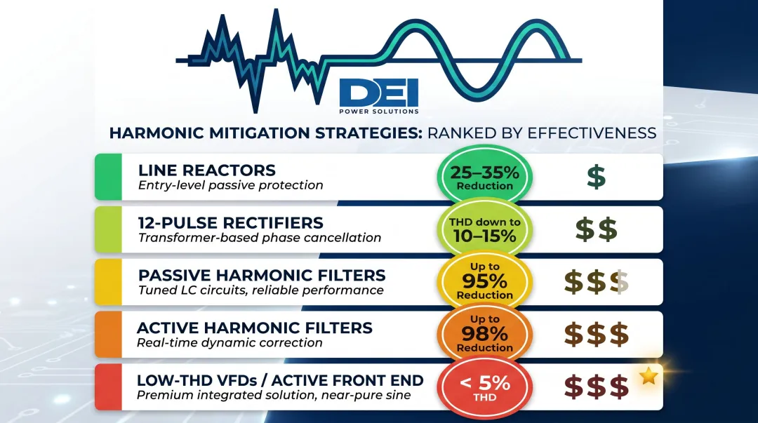 Five harmonic mitigation strategies ranked by THD reduction effectiveness and cost infographic