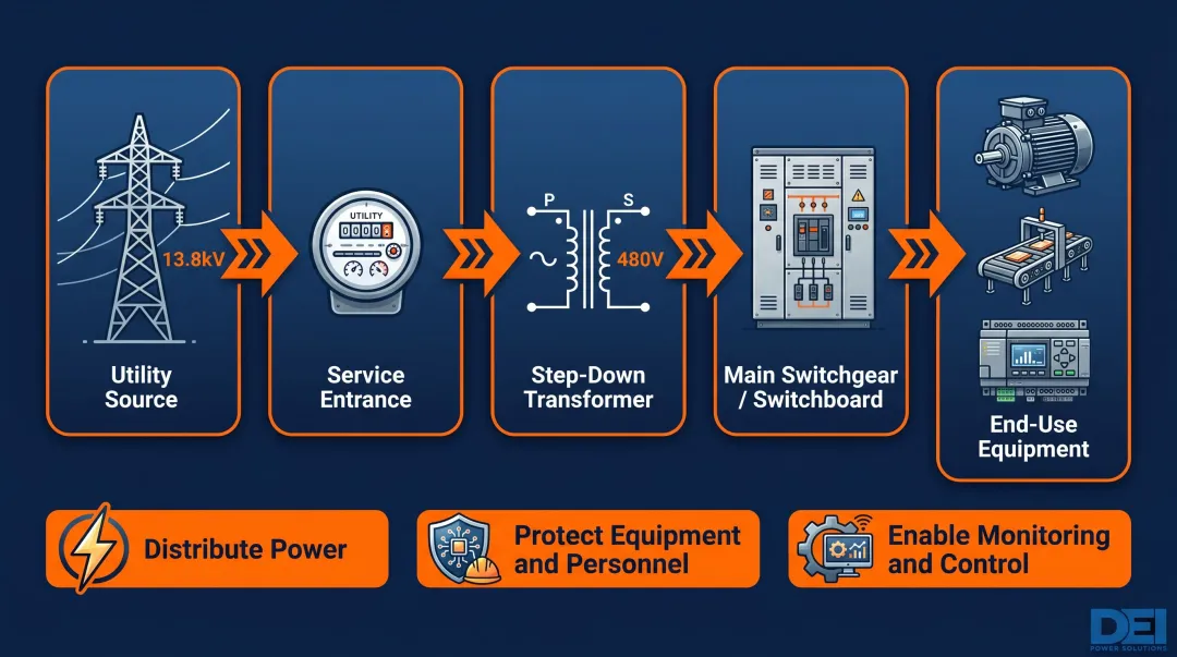 Industrial power distribution flow diagram from utility source to end-use equipment
