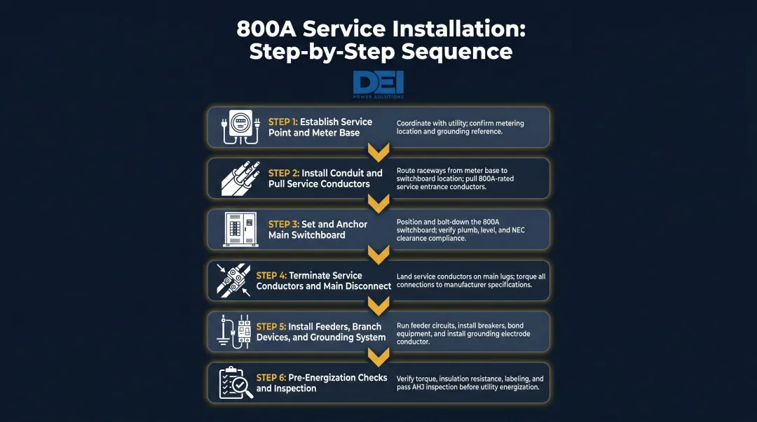 6-step 800 amp service installation sequence process flow diagram