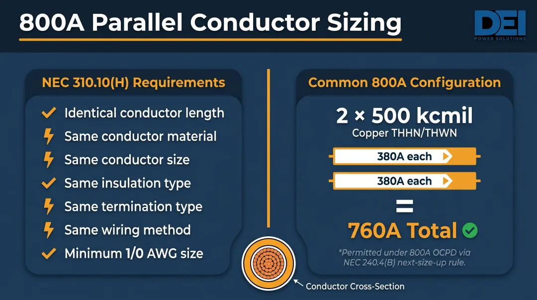 NEC parallel conductor sizing requirements for 800 amp service installation