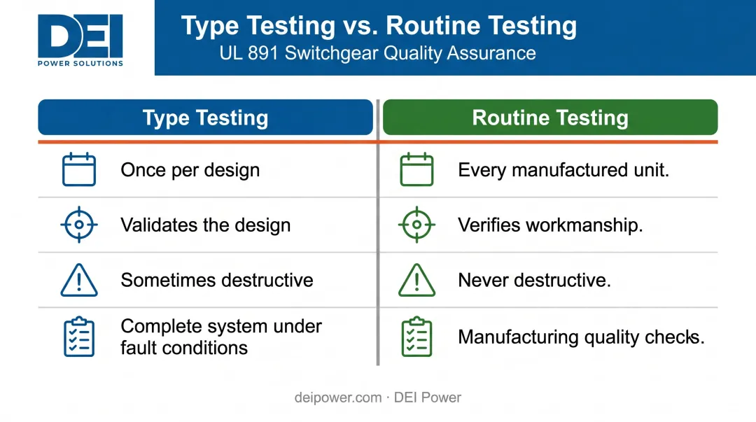 Type testing versus routine testing switchgear comparison side-by-side infographic