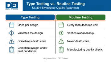 Type testing versus routine testing switchgear comparison side-by-side infographic