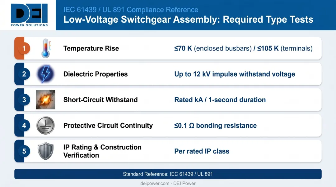 Five key type tests for LV switchgear assemblies with thresholds infographic