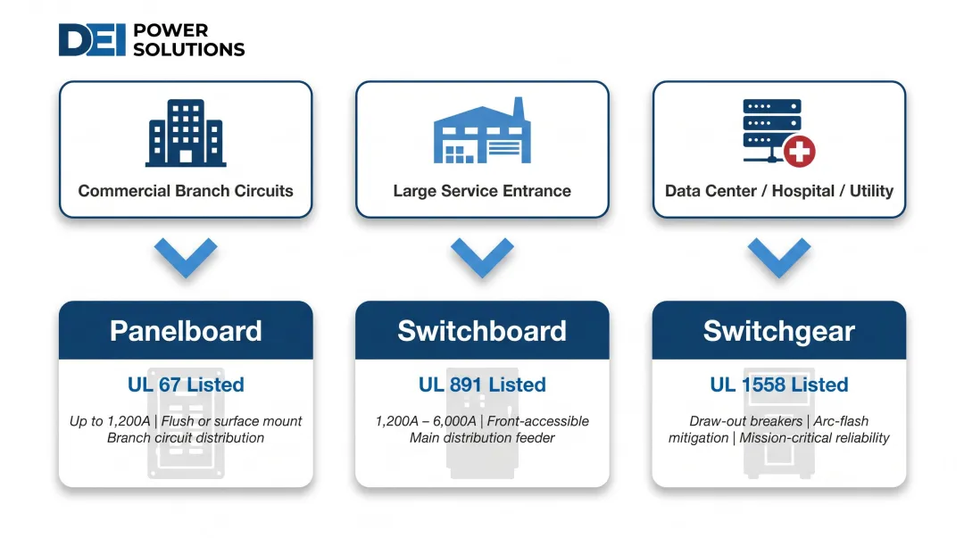 Electrical distribution equipment selection guide matching application type to panelboard switchboard or switchgear