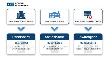 Electrical distribution equipment selection guide matching application type to panelboard switchboard or switchgear
