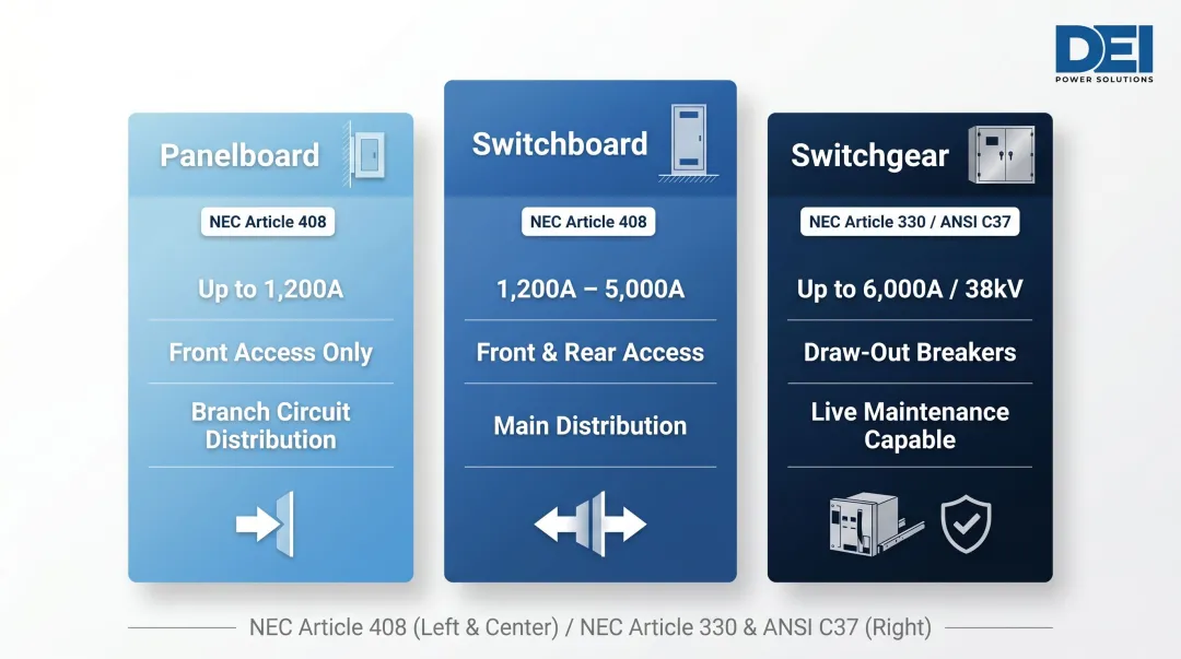 Panelboard versus switchboard versus switchgear comparison chart for electrical distribution