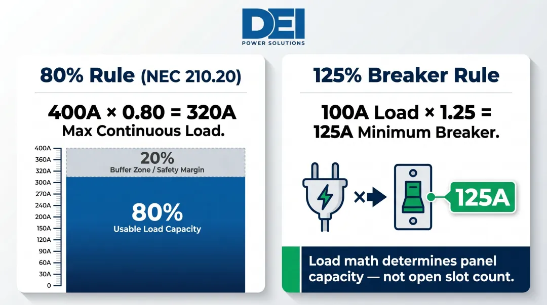 80 percent continuous load rule and 125 percent breaker sizing rule side-by-side comparison