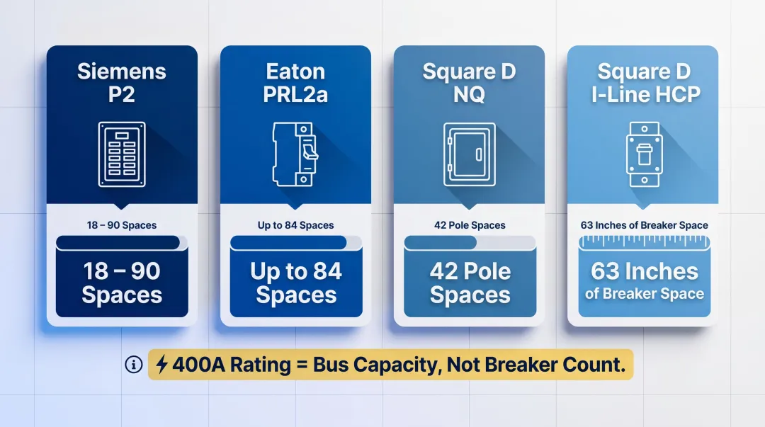 400A panelboard circuit space comparison across four major manufacturers infographic
