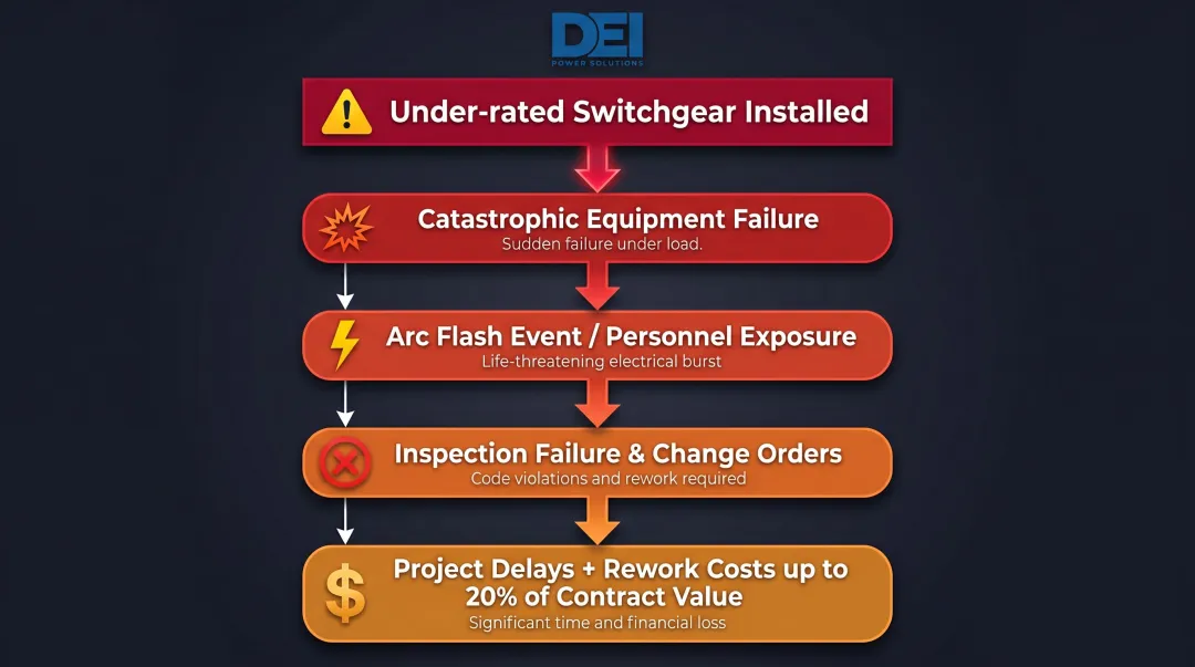 Underspecified switchgear failure chain showing cascading project and safety consequences
