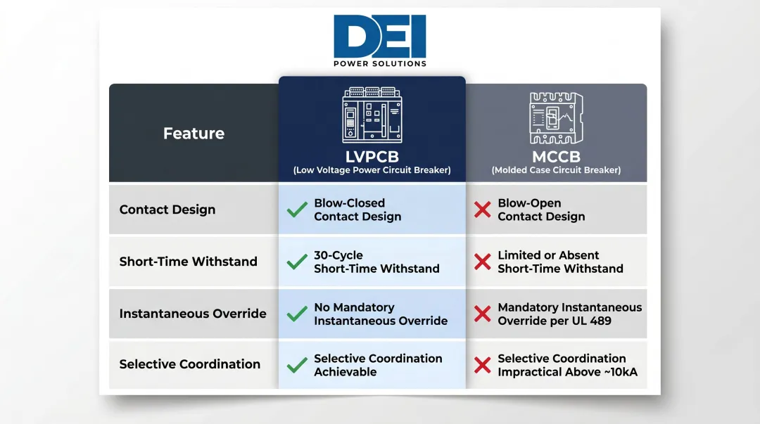 LVPCB versus MCCB selective coordination feature comparison infographic