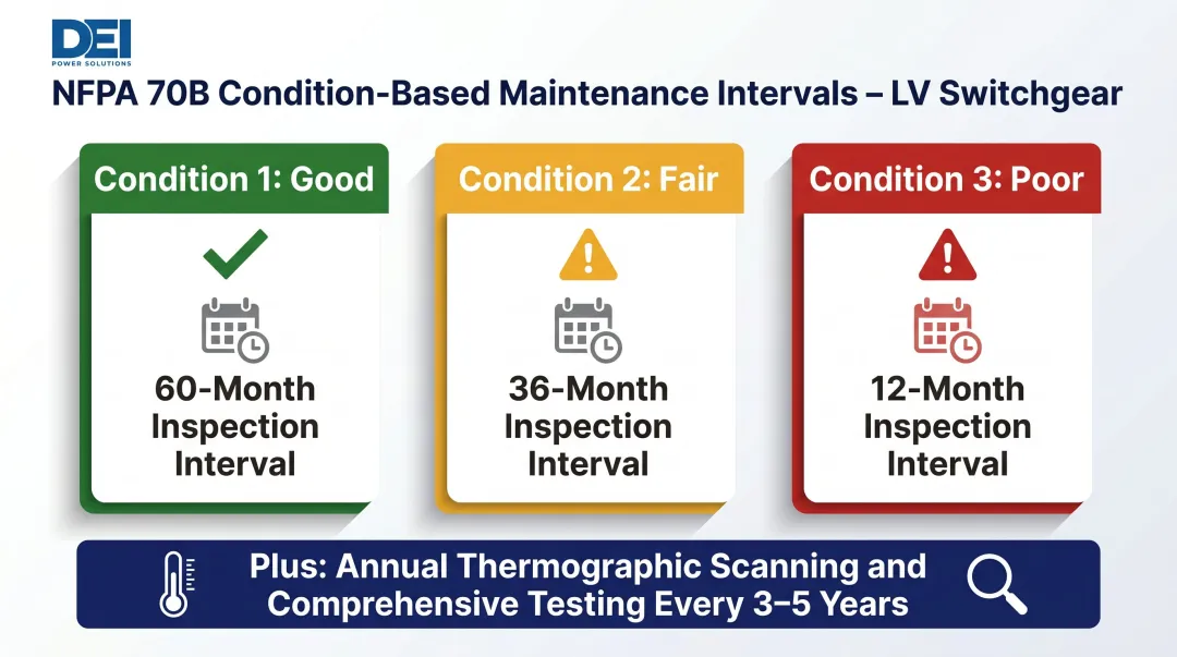 NFPA 70B switchgear maintenance intervals by equipment condition with inspection schedule