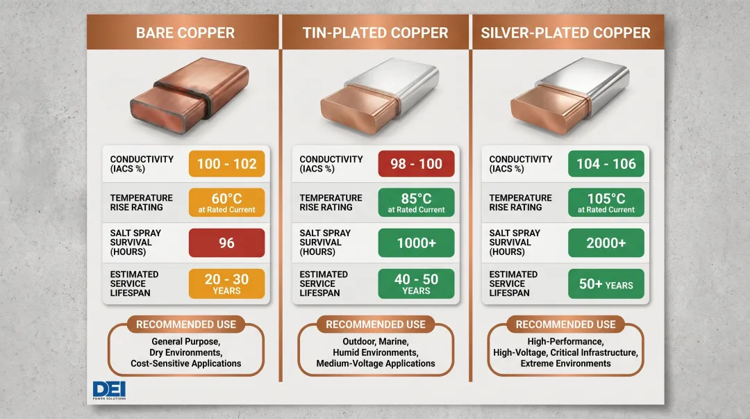 Copper bus bar plating comparison bare tin-plated and silver-plated conductivity lifespan chart