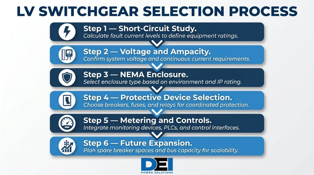 6-step low voltage switchgear selection process flow from short-circuit study to expansion planning