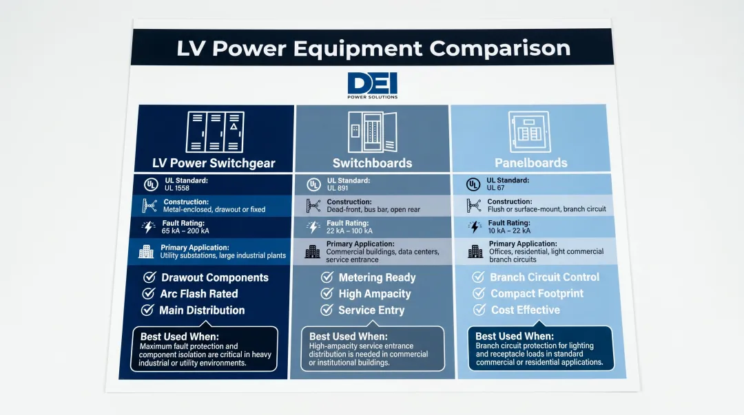 Low voltage switchgear versus switchboard versus panelboard comparison infographic