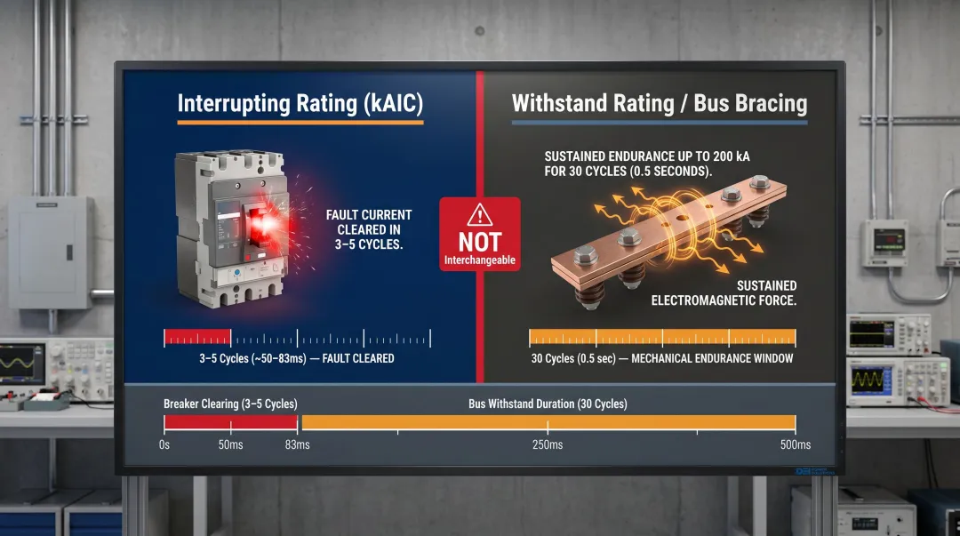 Interrupting rating versus bus withstand bracing rating comparison for LV switchgear faults