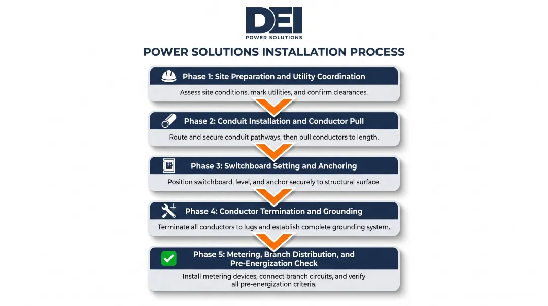 5-phase 600 amp commercial service installation process flow step-by-step