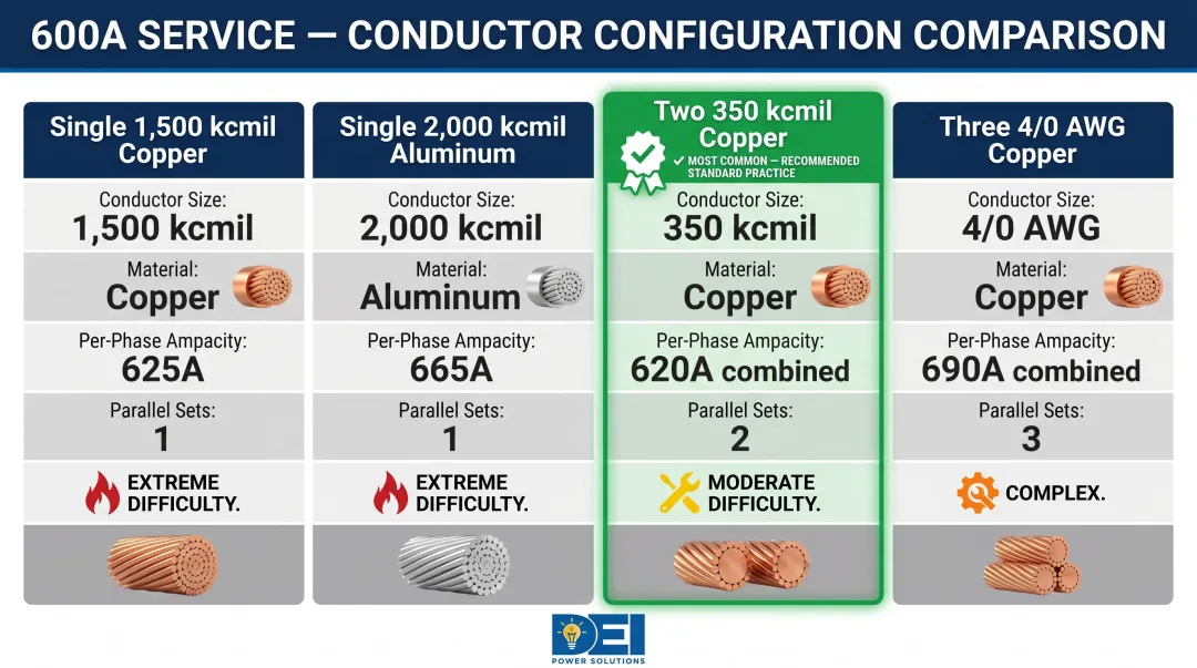 600 amp service conductor sizing comparison chart single versus parallel configurations