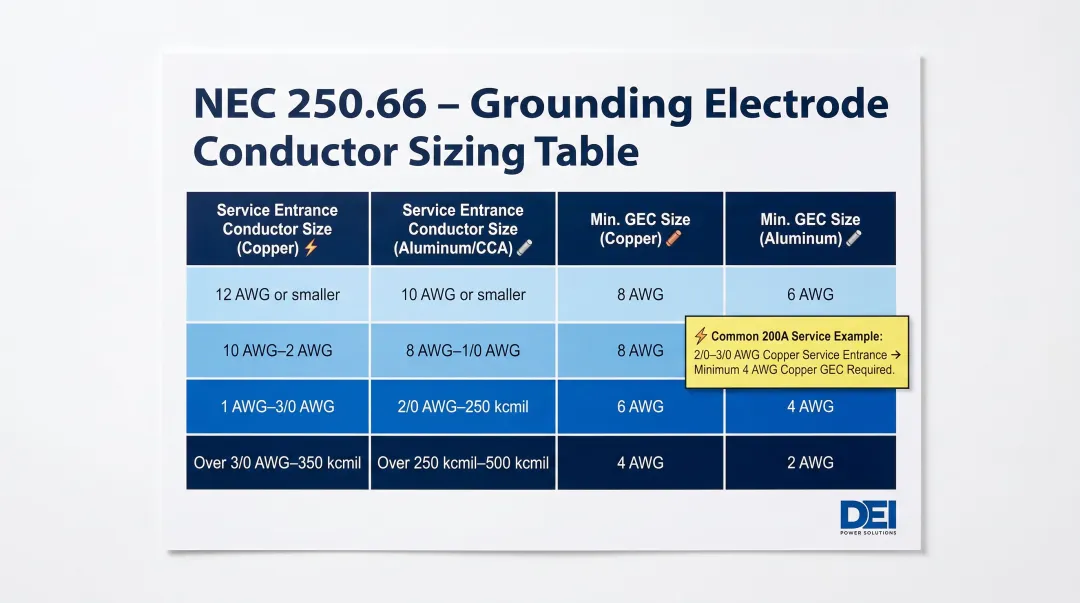 NEC Table 250.66 grounding electrode conductor sizing chart for service entrance