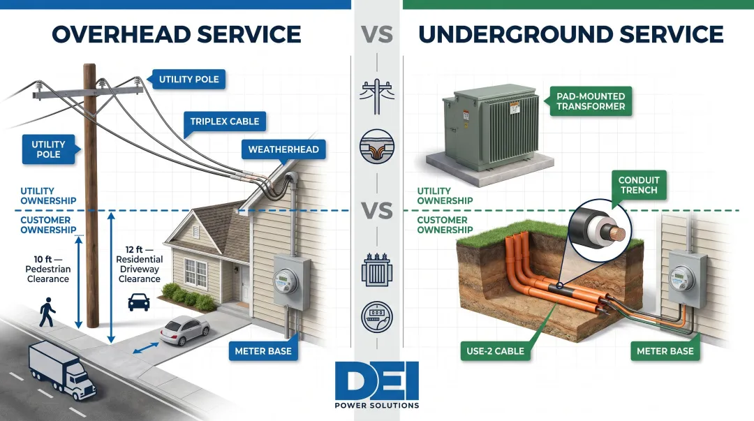 Overhead versus underground service entrance delivery methods comparison infographic