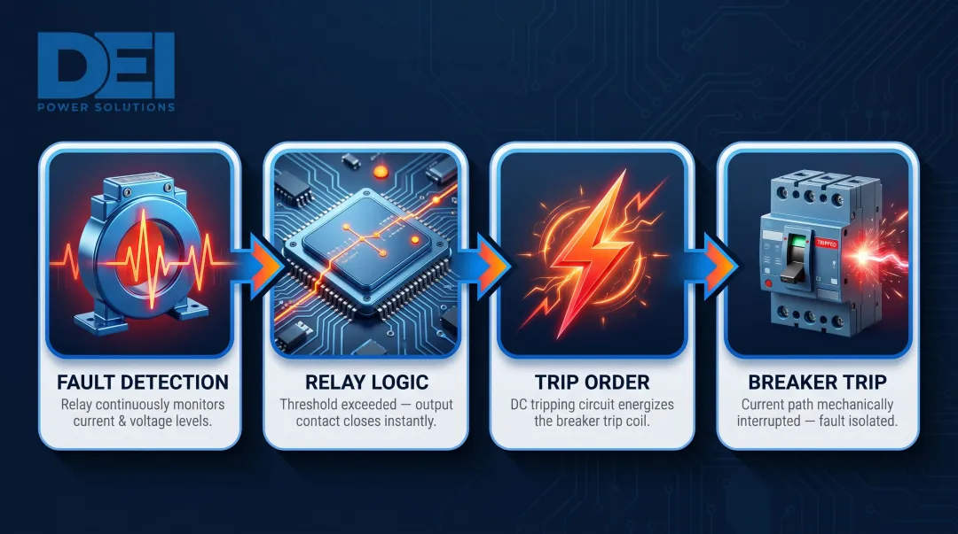 4-step electrical fault detection and circuit breaker trip sequence process flow