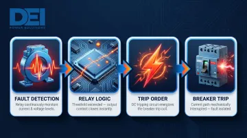 4-step electrical fault detection and circuit breaker trip sequence process flow