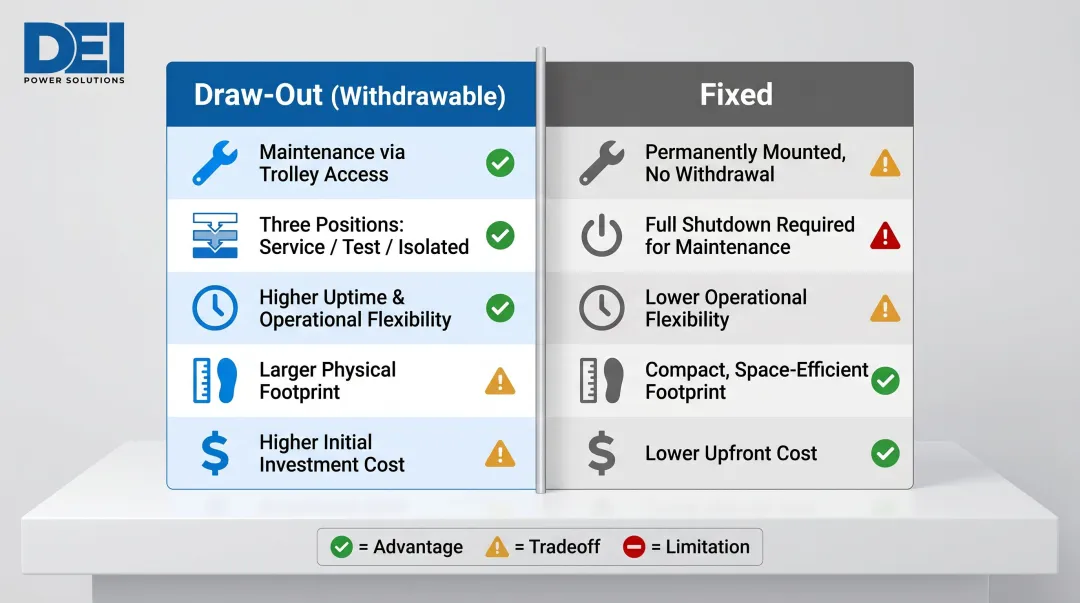 Draw-out versus fixed circuit breaker side-by-side comparison infographic with key attributes