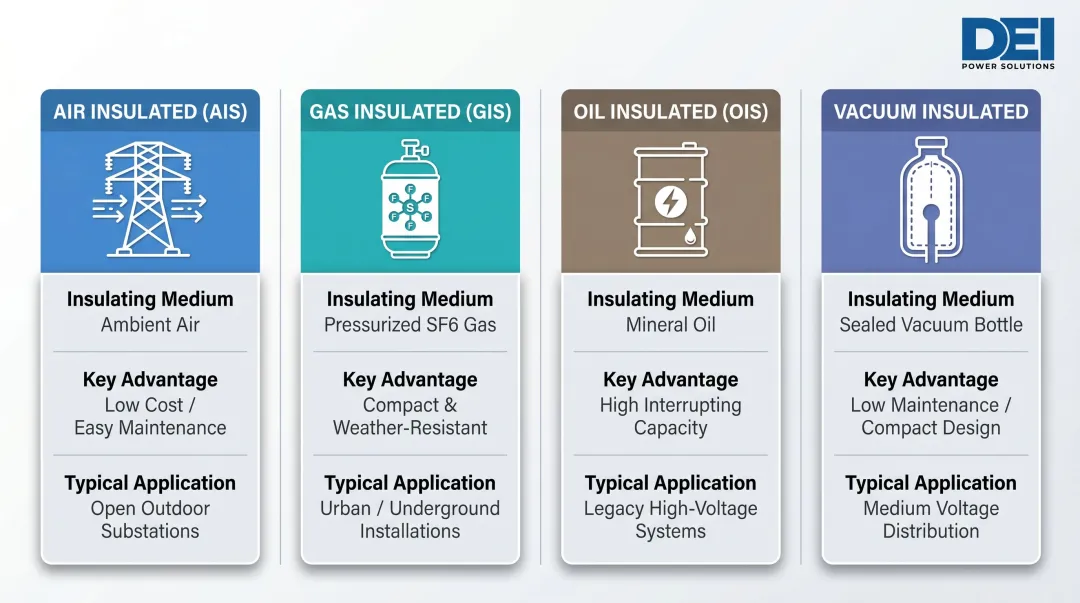 Four switchgear insulation medium types comparison chart air gas oil vacuum