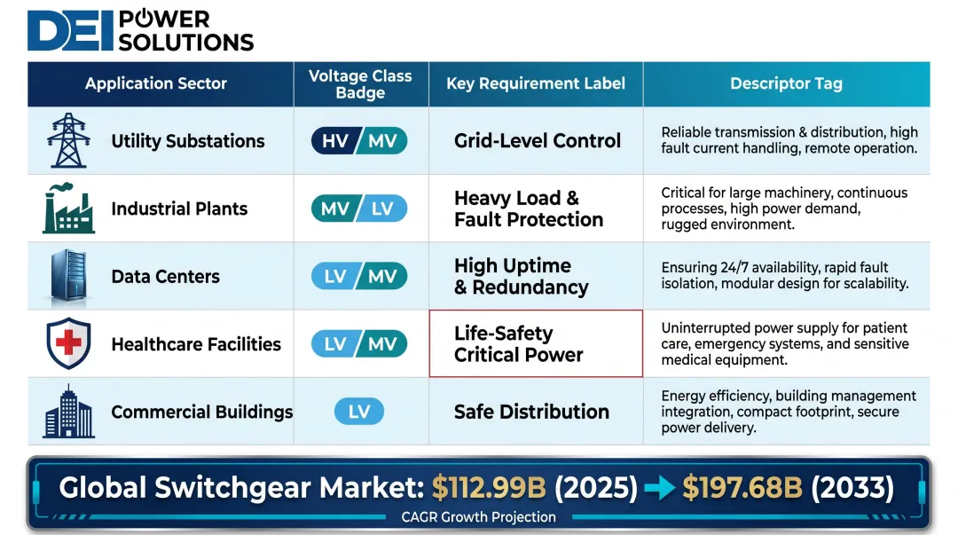 Switchgear application environments by voltage class and key uptime requirements comparison