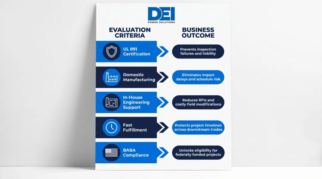 Five-factor industrial switchboard manufacturer evaluation criteria mapped to project outcomes