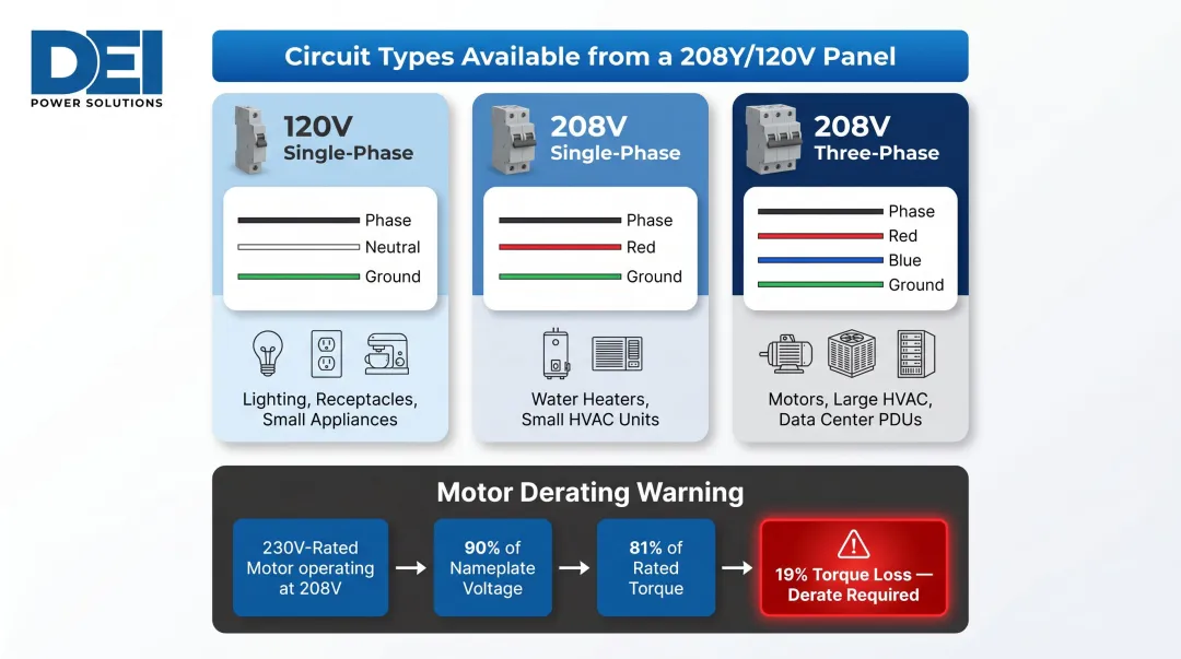 208Y120V circuit types breaker configurations and motor derating torque loss breakdown