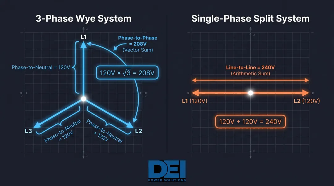 Three-phase Wye phasor diagram showing 120-degree offset producing 208V versus 240V