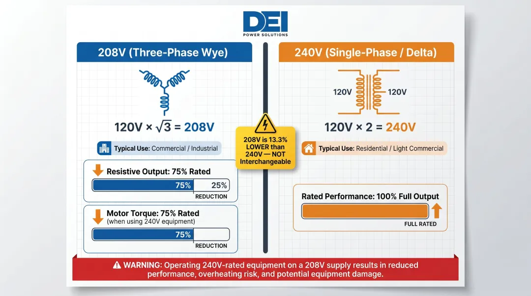 208V versus 240V system comparison showing source configuration and performance impact differences
