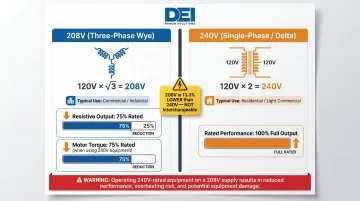 208V versus 240V system comparison showing source configuration and performance impact differences