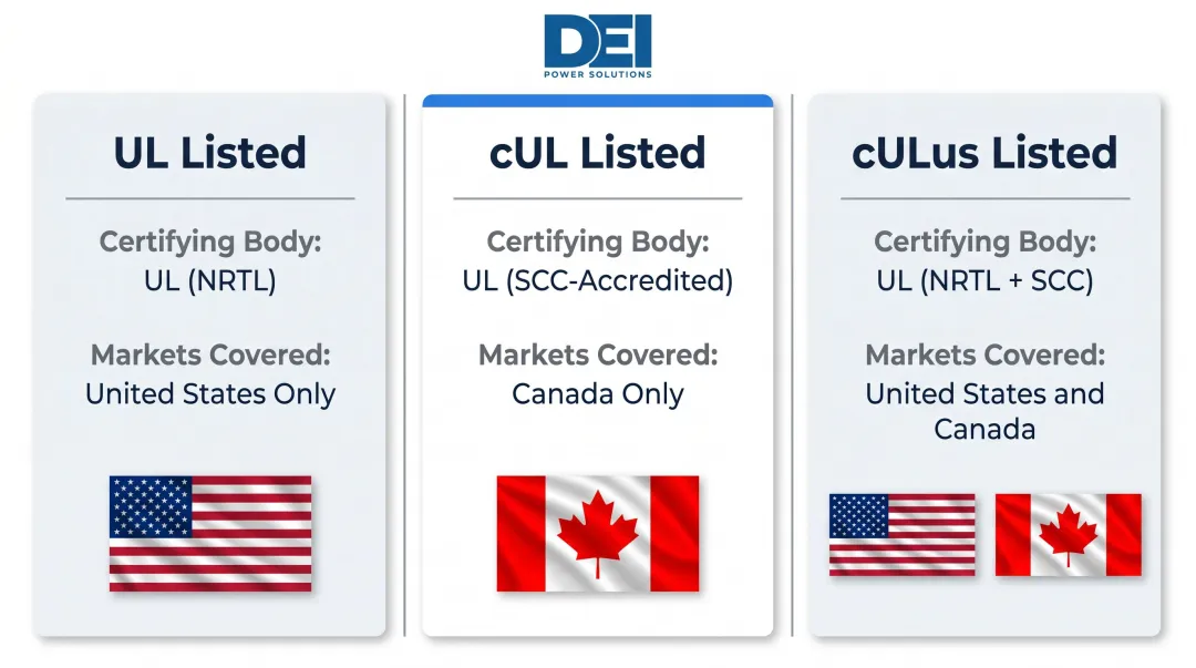 UL versus cUL versus cULus certification marks comparison table infographic