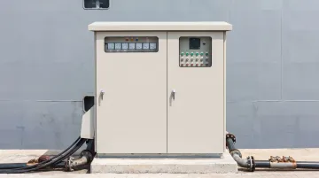 Outdoor electrical transfer switch and switchboard panels mounted on building exterior