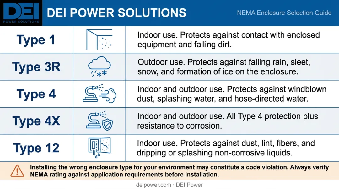 NEMA enclosure type comparison chart for panelboard environmental ratings