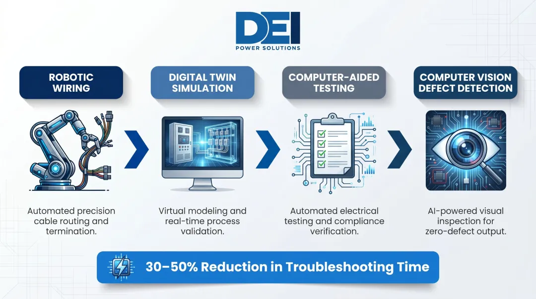 Four AI-driven switchboard manufacturing process stages from design to quality control