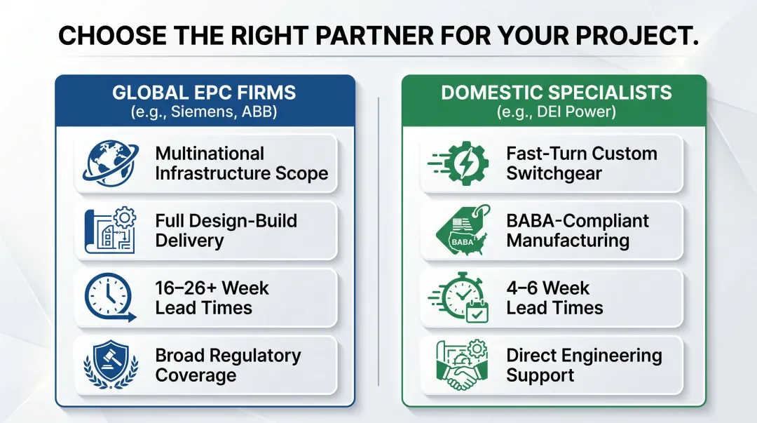 Global EPC firms versus domestic switchgear specialists project fit comparison infographic