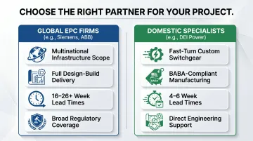 Global EPC firms versus domestic switchgear specialists project fit comparison infographic