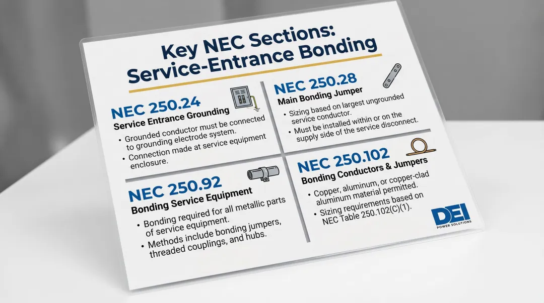 NEC Article 250 service-entrance bonding key code sections requirements summary chart