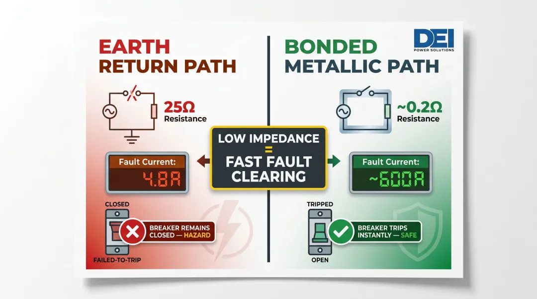 Metallic bonding path versus earth fault-current return path impedance comparison infographic