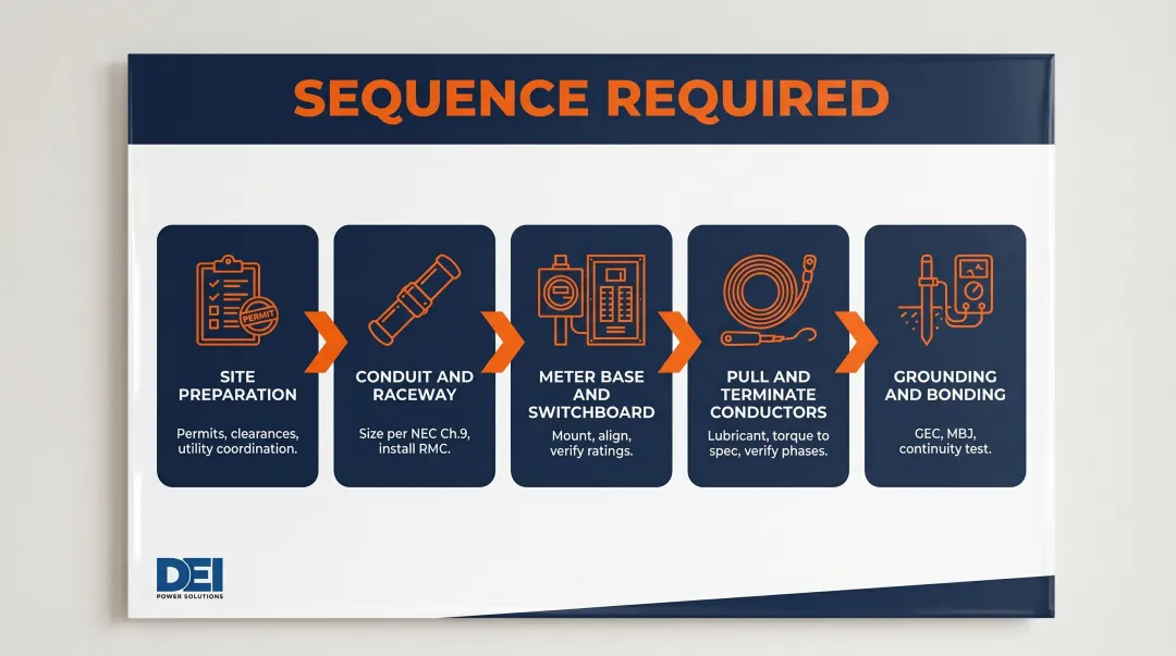 5-step 400 amp 3-phase service entrance installation sequence process flow diagram