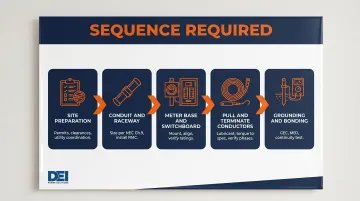 5-step 400 amp 3-phase service entrance installation sequence process flow diagram